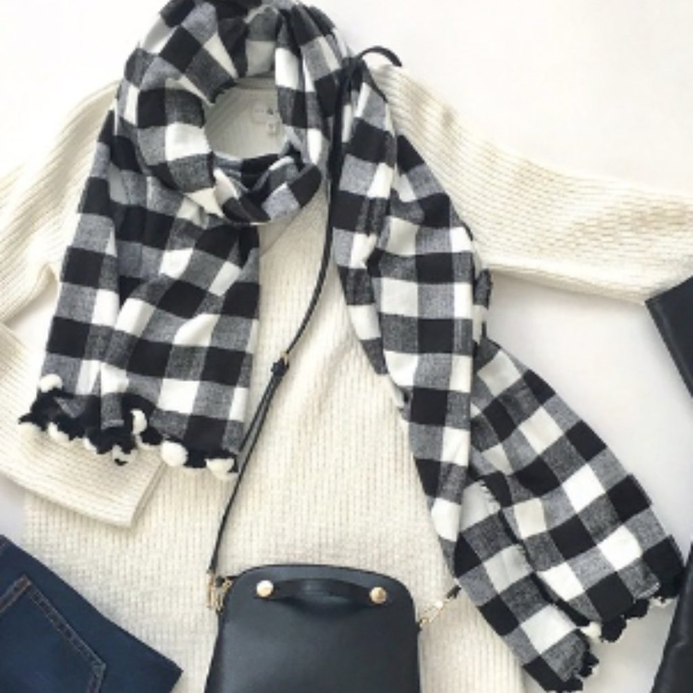 J. Crew Checkered Plaid Blanket Scarf/ Shawl/ Wrap Black/White with Pom Pom